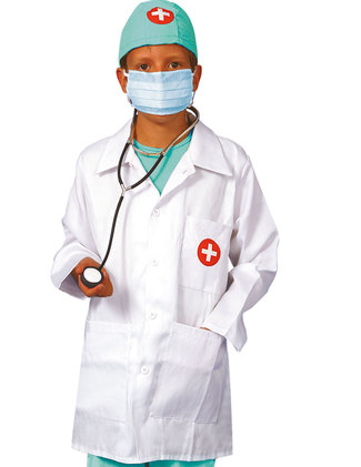 Doktorskläder, byxor, tröja, rock, mössa, stetoskop och munskydd