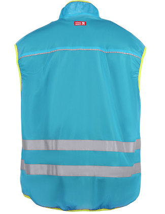 Turquoise reflective vest with zipper and fluorescent stretch.